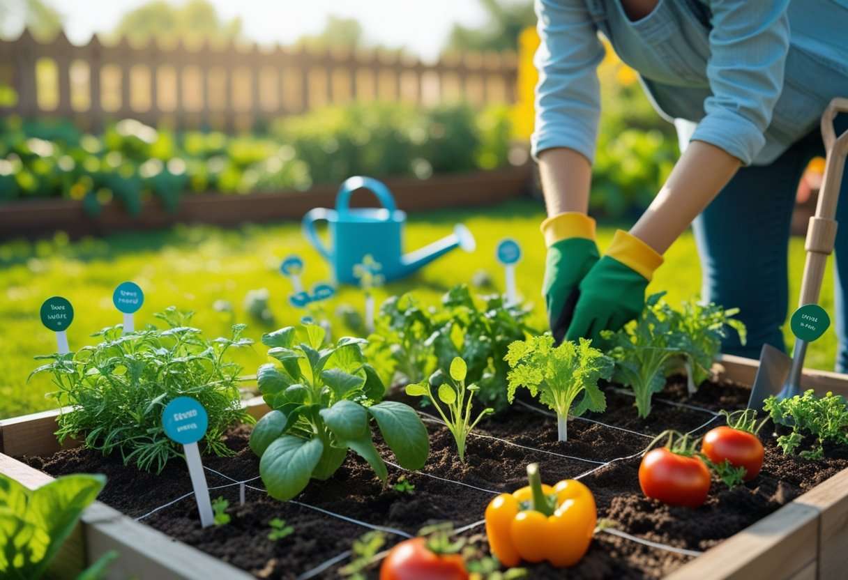 Hands planting young vegetable seedlings in a garden bed with gardening tools nearby and rows of growing plants under sunlight.