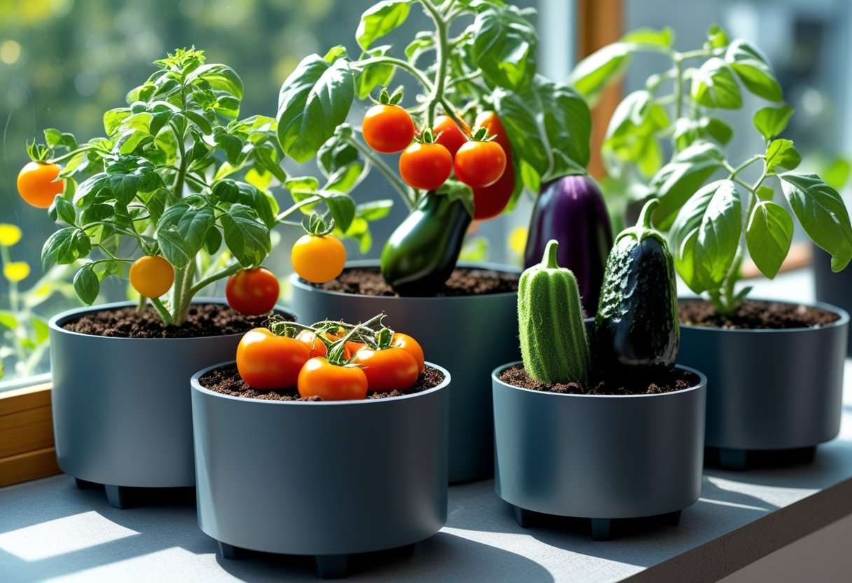 A collection of healthy fruiting vegetables like tomatoes, peppers, eggplants, and cucumbers growing in pots on a bright indoor windowsill.