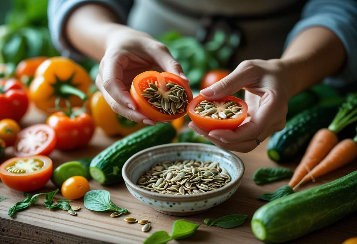 Hands saving seeds from cut vegetables on a wooden table with a bowl of collected seeds nearby.
