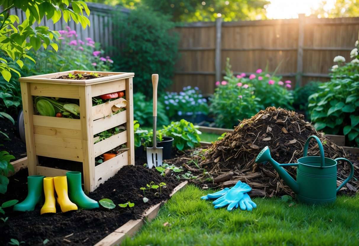 Backyard garden with a compost bin and an open compost pile side by side, surrounded by gardening tools and green plants.